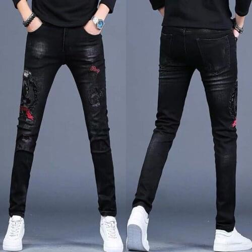 Men’s high quality embroidery jeans slimming stretch jeans black denim pants scratched casual jeans pants men