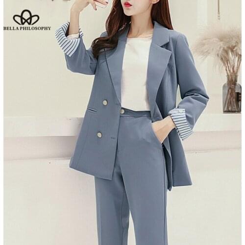 HStar 2020 autumn Solid double breasted blazer suit office lady elegant pants suit two piece set