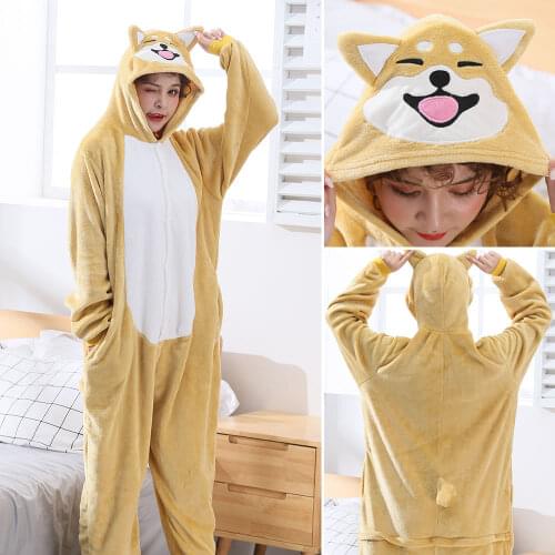 Anime corgi Dog pajamas winter Flannel Adult men women Cartoon Kigurumi Animal kawaii Cosplay Lovers Costume Home Sleepwear