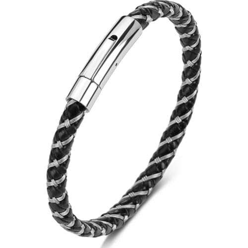 Wire Rope & Leather Mixed Braided Bracelet for Men Women Casual Jewelry Stainless Steel Woven Bangles Trendy Wristband Gift P608