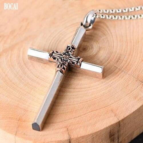BOCAI New Pure S925 Silver Retro Inlaid with Copper Pattern 2021 Fashion Man’s Pendant Glossy Cross Pendant
