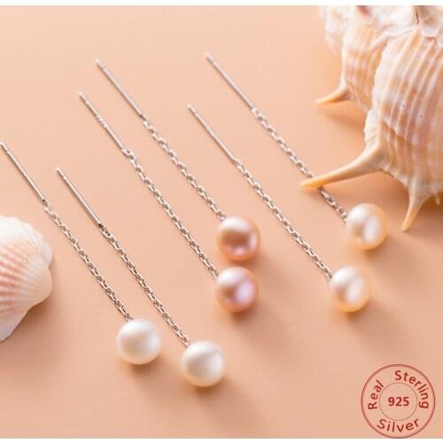 Black/Purple/Pink Long Pearl Earrings Women 925 Sterling Silver Pearl Ear Line Earrings Tassel Piercing Earring Wedding Jewelry