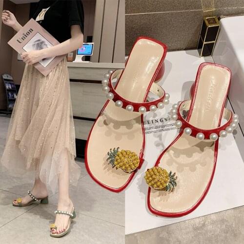 Summer trend ladies slippers casual comfortable sweet wind round head pearl color matching flip flops half drag high heels