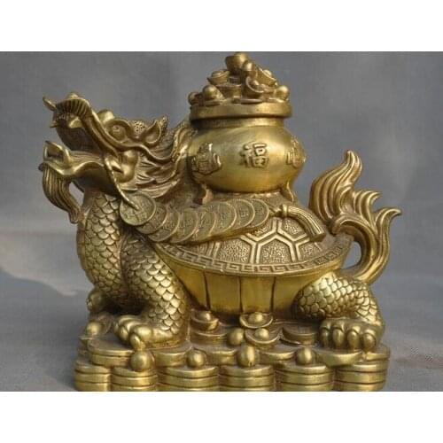 Old Chinese Feng Shui brass auspicious wealth yuanbao coin Dragon turtle statue