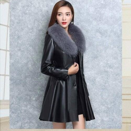 New Design Women Girl Autumn Winter Long Slim fitting winter black trench coat / long leather trench coat women