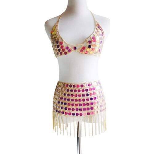 Nightclub Party Costumes Sexy Dress Bra Mini Skirt with Shiny Sequins Chains