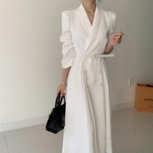 Spring elegant windbreaker women white long skirt Korean dress long slim suit stand collar double breasted jacket dress waist