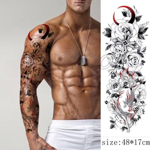 Temporary Tattoo Sticker Moon Lunar Cross Flower Wolf Flame Fox Full Arm Body Art Anime Fake Tattoos for Woman Man