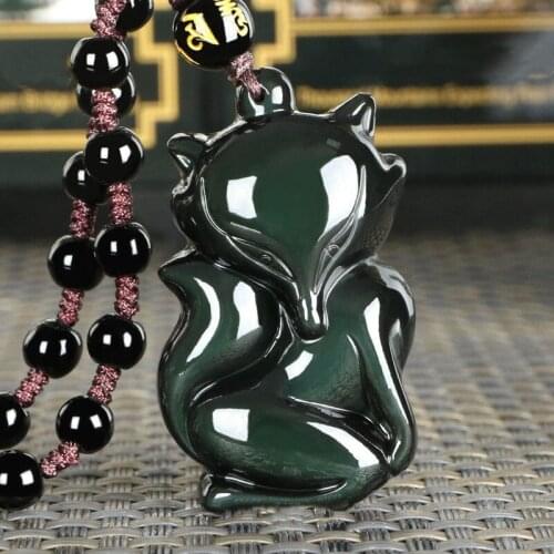 Natural Obsidian Pendant Jewelry Fine Jewelry Obsidian Coloured eye Fox Jade Pendant Necklace Jewelry