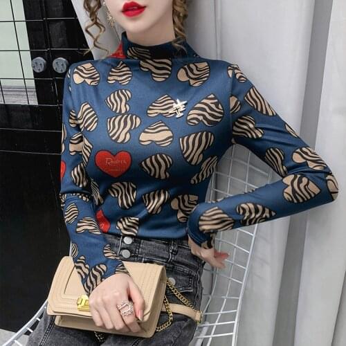 Sweet heart print womens t-shirt autumn long sleeve turtleneck woman tops ladies vintage casual pullover shirt stripes tshirt