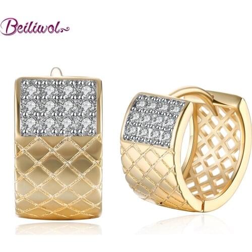 Beiliwol Small Hoop Earrings for Women Circle Hollow Champagne Gold Color Setting Zirconia Crystal Bijoux Wedding Jewelry Female