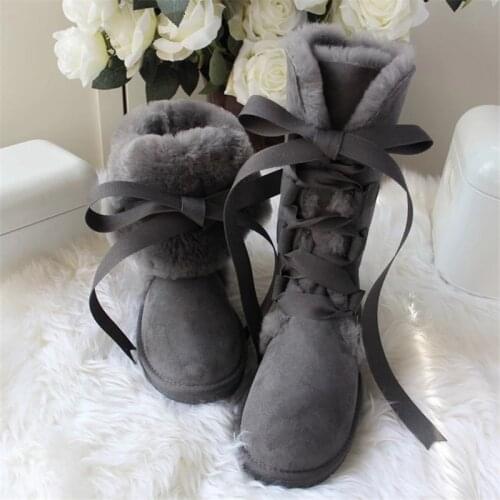 2020 Top Quality Women Snow boots 100% Genuine Sheepskin Leather Lace up High boots Natural Fur Warm Wool Winter Women Boots