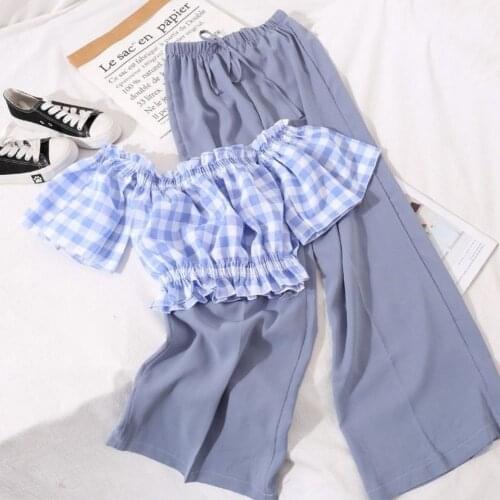 Women Sets Crop Tops Slash Plaid Off Shoulder Sexy Loose High Waist Wide Leg Pants Suit Plus Size Casual Summer Two Piece Set