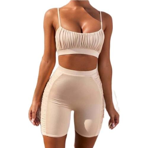 Two Pieces Women Swimwear Low Scoop Neck Spaghetti Strap Sports Top High Waist Boyleg Bottoms Swimsuit Ruched Solid Bathing Suit