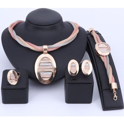 Jewelry Sets For Women Necklace Bracelet Ring Earrings Sets African Bead Pendant Wedding Accessories Bridal Gold Color Costume