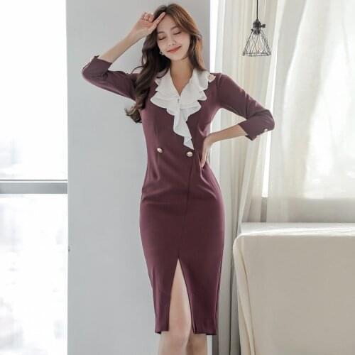 S-XL Big Size Contrast Elegant OL Office Work Dress for Woman V-neck Long Sleeve Button Wrap Red Dress Ladies Autumn Winter 2021