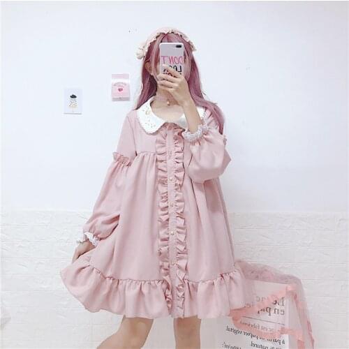 2020 New Japan Women Pink Lolita Party Peter Pan Collar Ruffles Star Shirt Dress Cute Kawaii Christmas New Year Gift Dresses