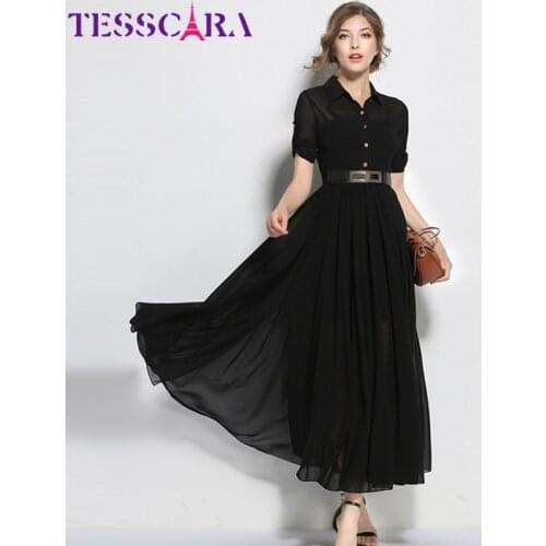 TESSCARA Women Summer Elegant Long Maxi Chiffon Dress Shirt High Quality Office Cocktail Party Robe Femme Black Vintage Vestidos