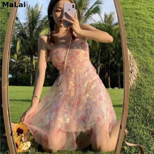 2021 Summer Women Fairycore Dress Rainbow Sequined Party Backless Sexy Printed Mesh Sundress Sleeveless Holiday Feminine Dress