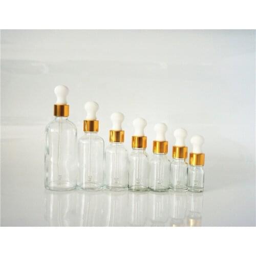 5/10/15/20/30/50/100ml Empty Clear Essential Oil Bottle White Big Rubber Head Gold Ring Dropper Cover Glass Containers