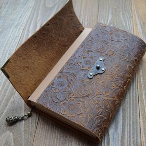 Embossed Pattern Soft Leather Travel Notebook with lock Key Diary Notepad Kraft