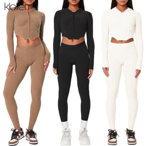 KLALIEN Fashion Casual Zipper Hoodie and Trousers Two Piece Set For Women Autumn New Solid Slim Rib Knit Tracksuit Streetwear