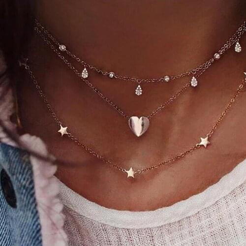 Multilayer Crystal Star Love Heart Vintage Necklaces Pendants For Women Charm Gold Choker Necklace Fashion Bohemian Jewelry