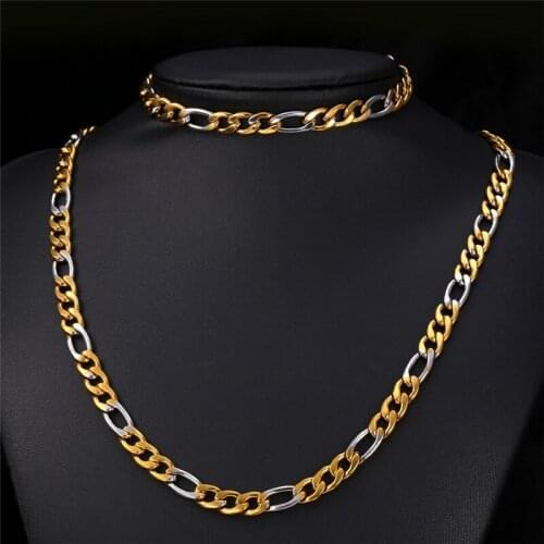 Kpop Chain Set Two Tone Gold Color Bracelet Mens Jewelry Necklace Stainless Steel 8mm Width Trendy Women New Set S001