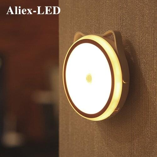 2020 New Motion Sensing Night Light Cat Ear Cabinet Stairs Bedside Lamp Hanging USB Charging Wireless PIR Infrared Night Lamp