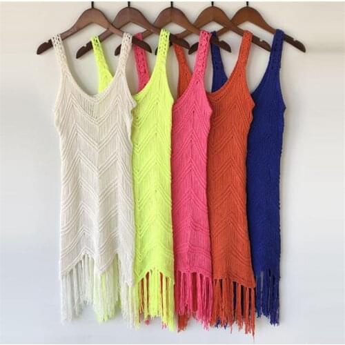 Beach Cover Ups Crochet Bikini Cover Up Women Long Tassel Summer Beach Dress Sexy Hollow Club Dress Ladies Swimsuit Beachwear