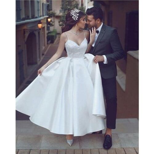 Beach Wedding Dress Luxury Handmade Lace Satin Spaghetti Straps Wedding Gown Ankle-length A-line Vestido De Noiva Robe De Mariee