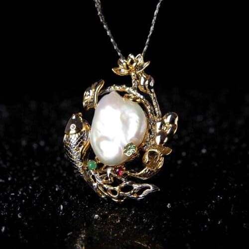 Retro Thai Silver Jewelry Inlaid Baroque Pearl Corsage Chinese Vintage Jewelry S925 Sterling Silver Pendant And Brooch Dual-use