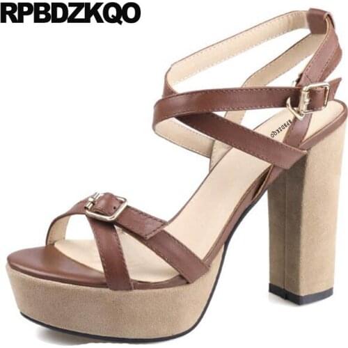 Luxury Women Ladies Shoes Genuine Leather Chunky Square Platform Ankle Strap Brown Pumps Vintage Gladiator Sandals Heels Thick