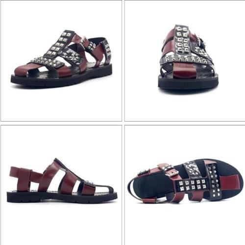 Summer men sandals men shoes mens leather Rivet Roman flat-heeled casual platform brown clash sandals