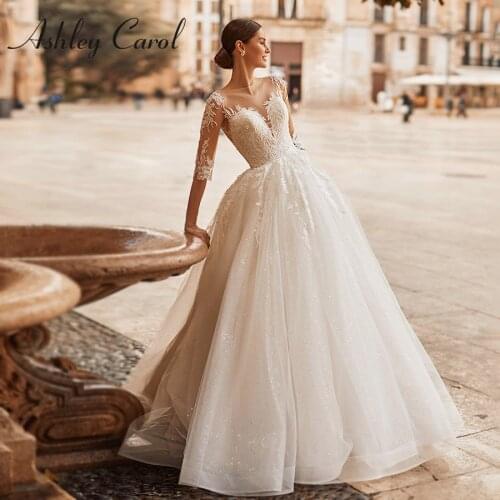 Ashley Carol Long Sleeve Wedding Dress 2021 Illusion Sweetheart A-Line Appliques Bridal Dresses Vestido De Noiva De Princesa