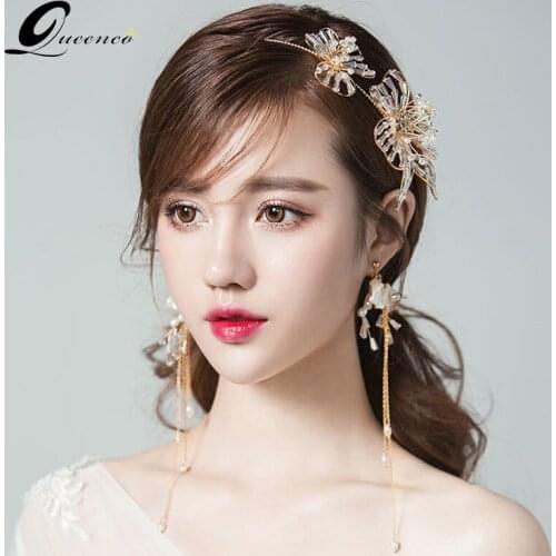 Bridal Crystal Flower Headbands Earrings Set Pearl Pageant Tiaras and Crowns Tassel Earrings Weddings Hair Jewelry Headpiece