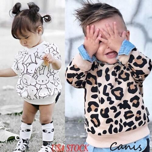US Toddler Kid Baby Girl Boy Bunny Leopard Print Top T-shirt Sweatshirts Clothes