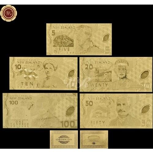 One Lot is 5pcs) Normal Gold Banknote 5 Models New Zealand Dollar Full Normal Gold Foil Banknote SET 5 10 20 50 100