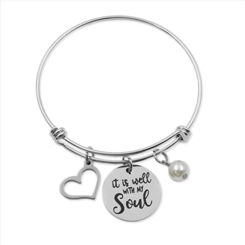 VILLWICE It is well with my soul bible verse bangle bracelet stainless steel heart charm bracelets christian jewelry Gifts
