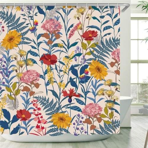 Floral Waterproof Fabric Bathroom Curtain Decorative Watercolor Multicolor Florals and Leaves