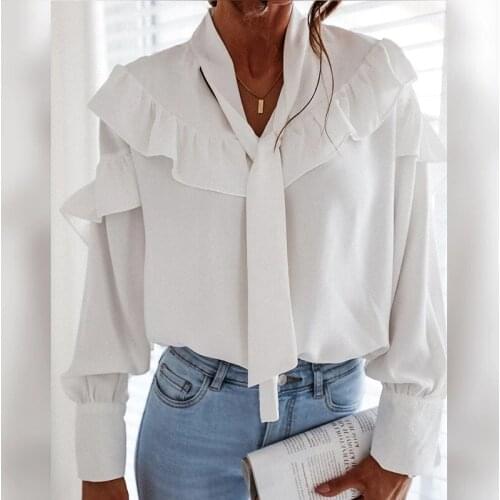 Lace-Up V-Neck Long-Sleeved Women T-Shirt Fashion Loose Ruffled Woman T-Shirt 2021 New Autumn White Casual Womens Top Clothes