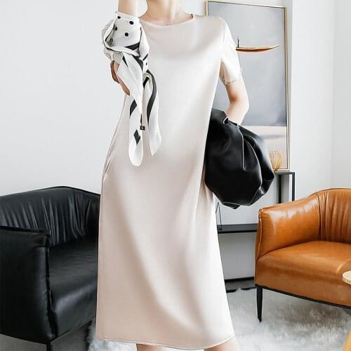 New arrival fashion dress women elegant summer o-neck short sleeve satin dress temperament simple office lady loose a-line dress