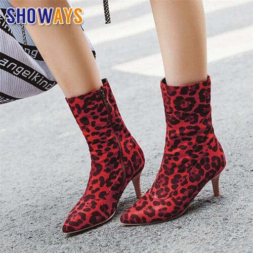 Winter Women Mid-calf Boots Brown Red Leopard Flock High Thin Heels Casual Office Ladies Plush Pointed Toe Sexy Zipper Half Boot