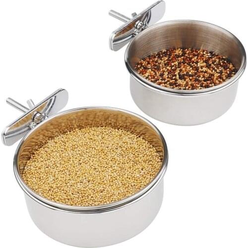 2-Pack Bird Parrot Feeding Cups with Clamp Stainless Steel Food Water Bowls Dish Feeder for Cockatiel, Conure, Budgies, Parakeet