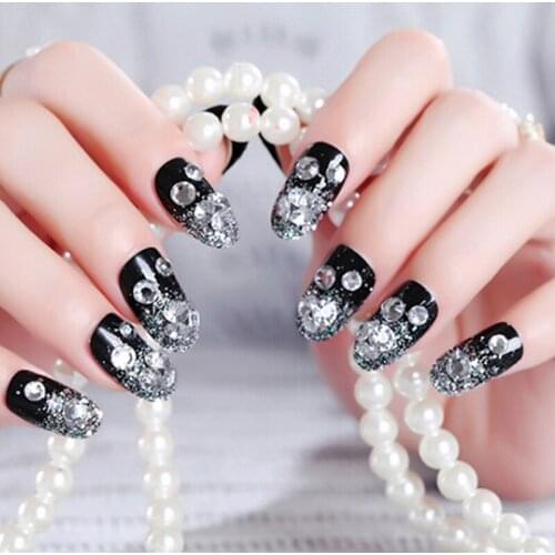 24Pcs Black Rhinestone Tips False Nail Bride 3D Glue Design Art Nails Wedding