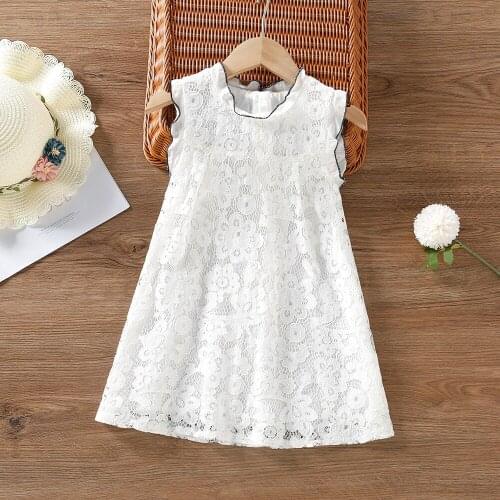 Lace Flower White Girls Princess Dress 2021 New Summer O-neck Kids Party Wedding Clothes 2 3 4 5 6 Year Toddler Girls Outfits
