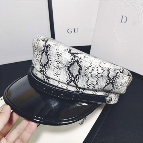 Sailor Caps for Women Pythons Grain Leather Flat Top Visors Fashion Spring Winter Autumn Baseball Caps Striped Sun Visors Hat