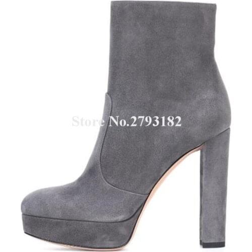 Brand Fashion Round Toe Suede Leather High Platform Chunky Heel Short Boots Side Zipper-up Grey Black Thick High Heel Ankle Boot