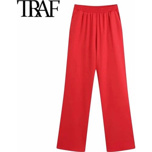 TRAF Women Fashion Side Pockets Wide Leg Pants Vintage High Elastic Waist Loose Female Trousers Mujer