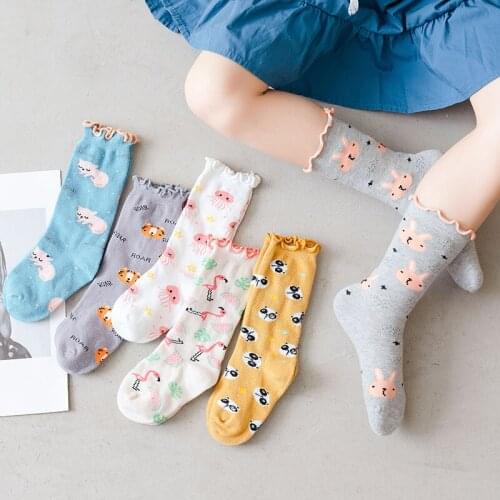 Children Cotton Long Socks For Girls With Animal Print Kid Toddler Spring Summer Ruffle Cute Funny kawaii Cartoon Frilly Socks